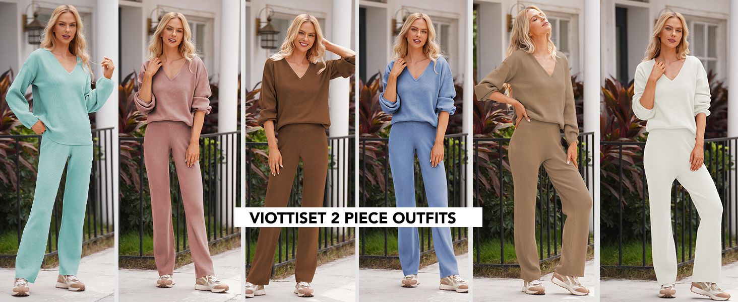 Viottiset Women's 2 Piece Outfits Casual V Neck Knit Wide Leg Sweater Lounge Set Sweatsuit | Amazon (US)