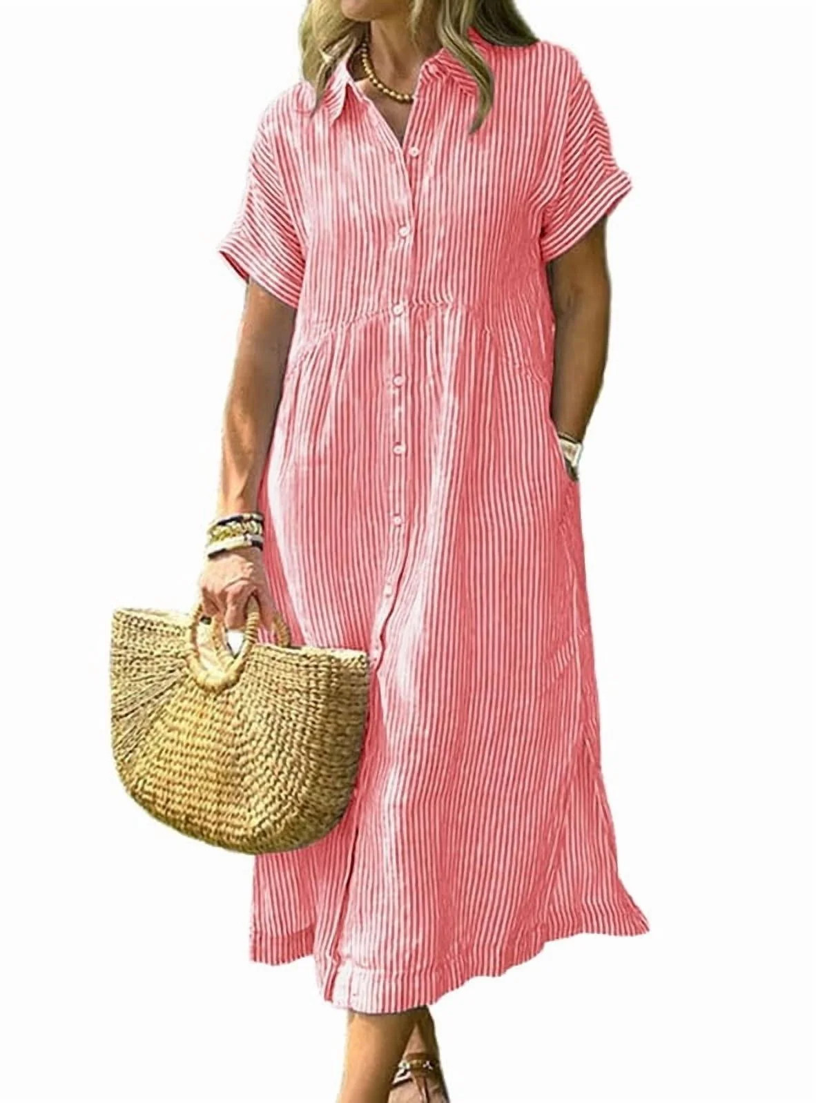 sicmoss Summer Women's Red Striped Cotton Short Sleeve Shirt Dress Midi Long Relaxed Fit with But... | Walmart (US)