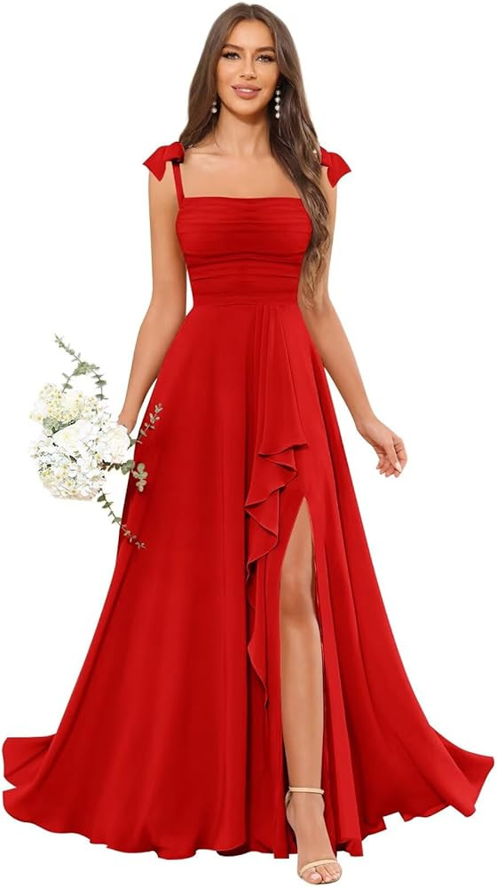 Czbbe Chiffon Ruffle Bridesmaid Dresses 2025 with Slit Square Neck Bow Straps Long Formal Evening... | Amazon (US)