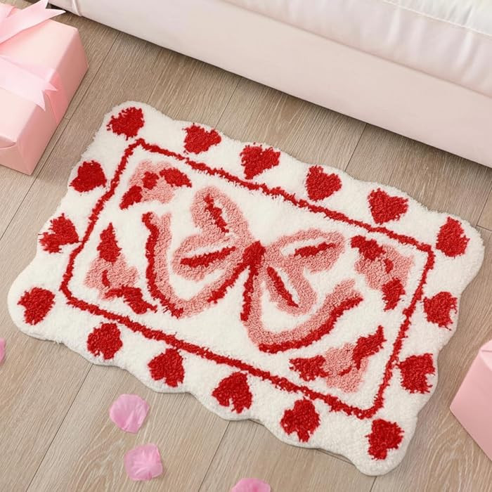 Valentine's Day Bath Rugs, Red Heart Bow Area Rugs for Bathroom Kitchen Bedroom, Non-Slip Microfi... | Amazon (US)
