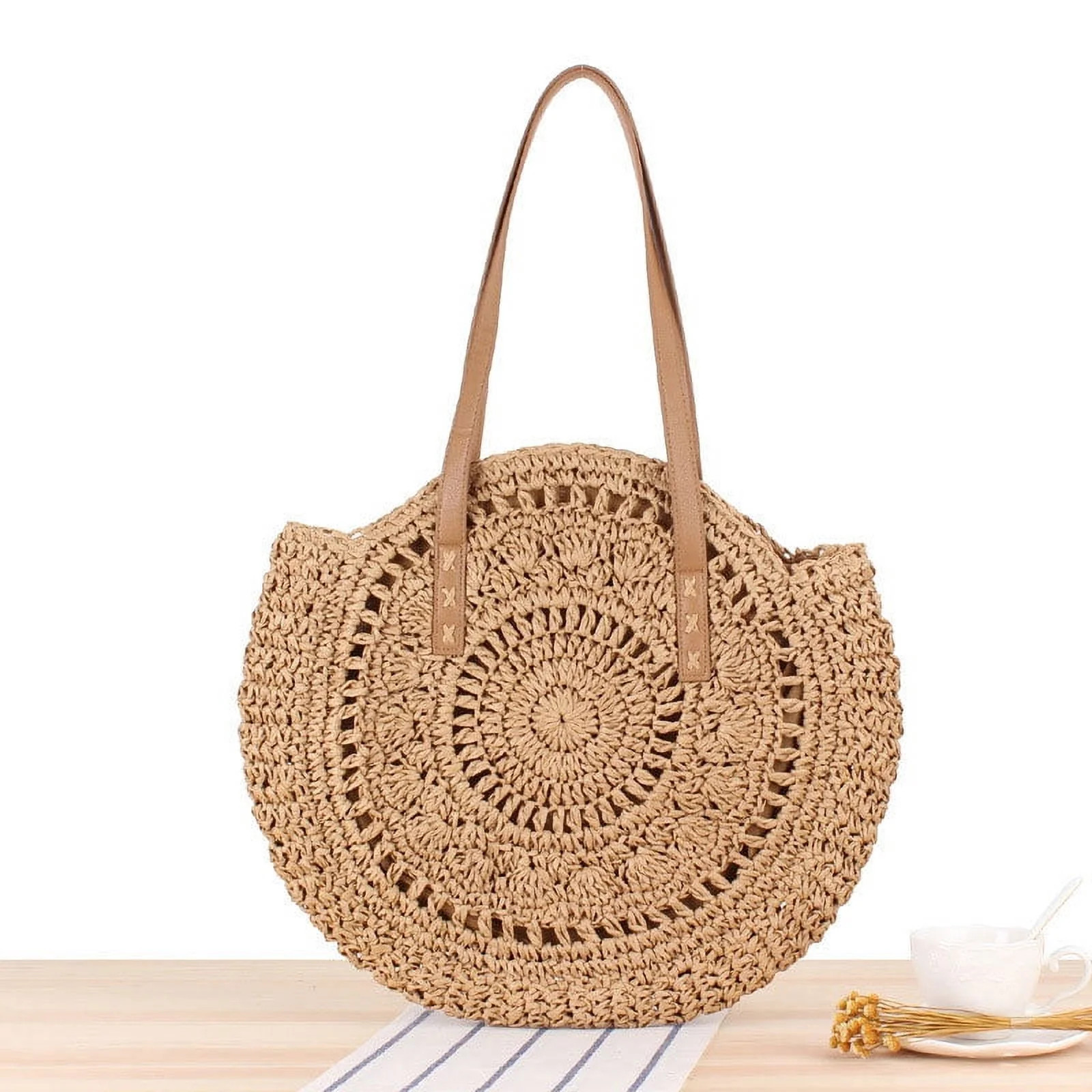Women Round Straw Bag Rattan Woven Shoulder Bag Wicker Simple Portable Beach Tote New | Walmart (US)