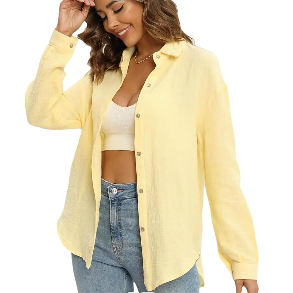 Women Soft Cotton Shirt Clothing Wrinkled Breathable Material Loose Blouse Top | Amazon (US)