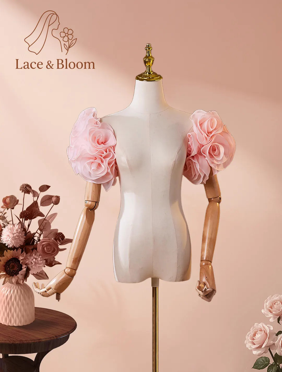 Short Puff Sleeve Bridal Cape | Light Pink Organza Wrap | Modern Minimal Flower Shoulder Top | Etsy (US)