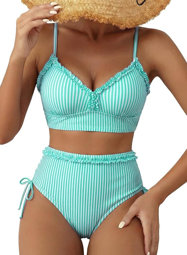 Women's Splice Ruffle Trim Bikini Sets Tie Side Swimsuits High Waisted Bathing Suits | Amazon (US)