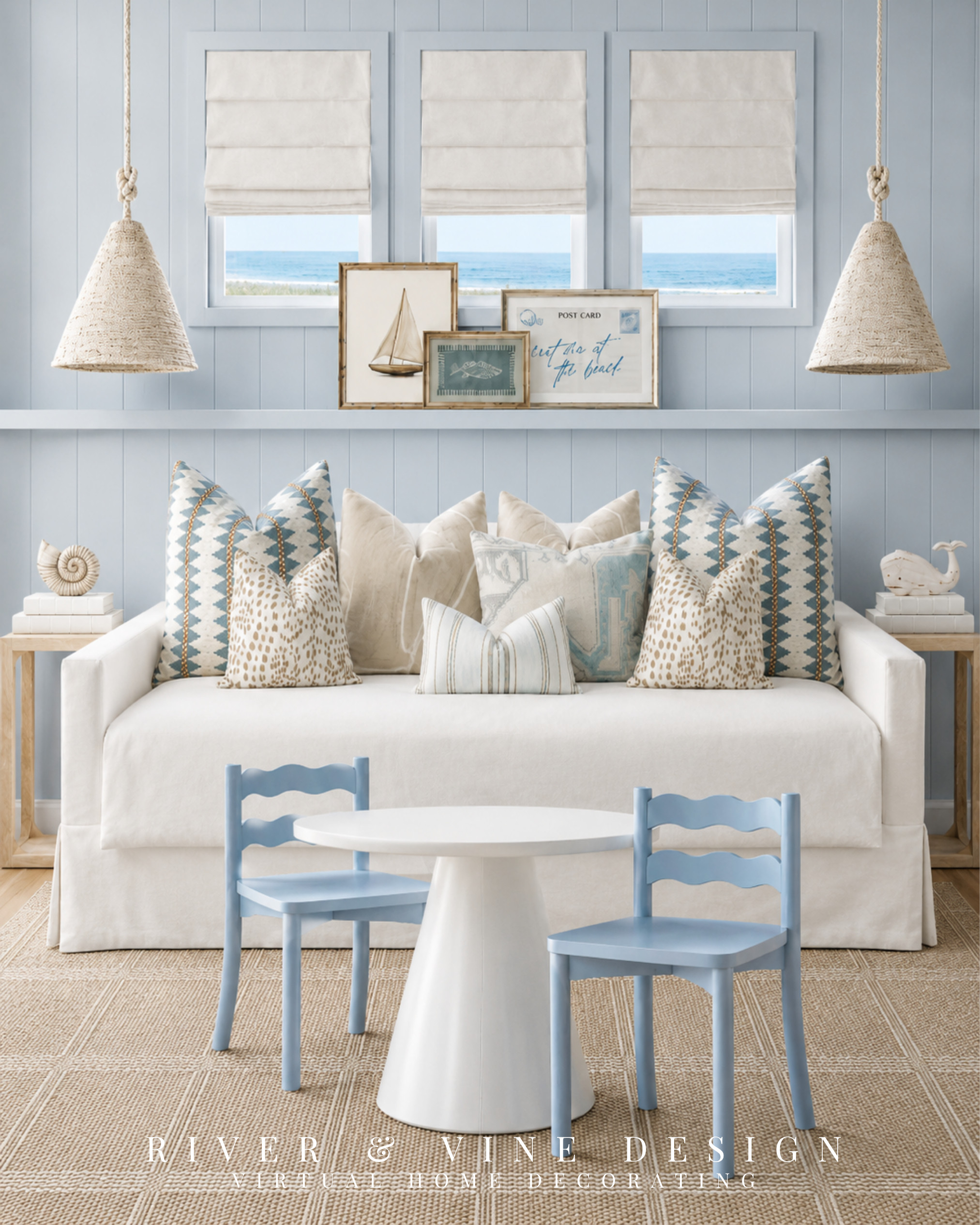 Coastal, but still polished. The soft blue paneling, woven textures, white daybed, and little blue chairs make this space feel sweet without going too theme-y. Perfect for a playroom, guest room, or beach-house kids’ space.

Sources for similar daybeds, blue chairs, woven pendants, pillows, shades, and coastal accents are included here.

I may receive a commission from purchases made through my links. 

 #LTKHome