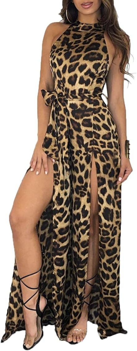 Women Sexy Mock Neck Sleeveless Leopard Print Split Jumpsuit Rompers Clubwear | Amazon (US)