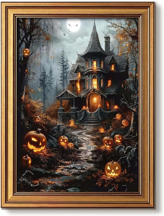 Gold Framed Gothic Halloween Wall Art Fantasy Haunted House Prints 12x16 In | Amazon (US)