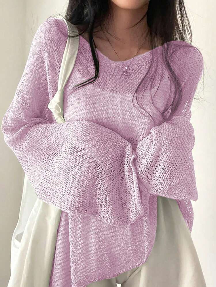 Women's Solid Color Casual Loose Fit Drop Shoulder Crewneck Knitted Sweater Spring | SHEIN