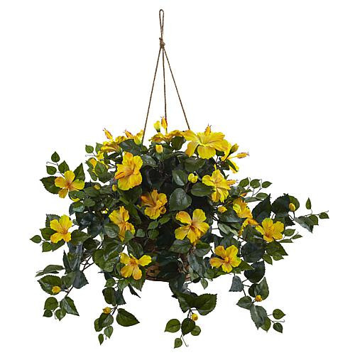 Nearly Natural Hibiscus Hanging Basket - Yellow | HSN