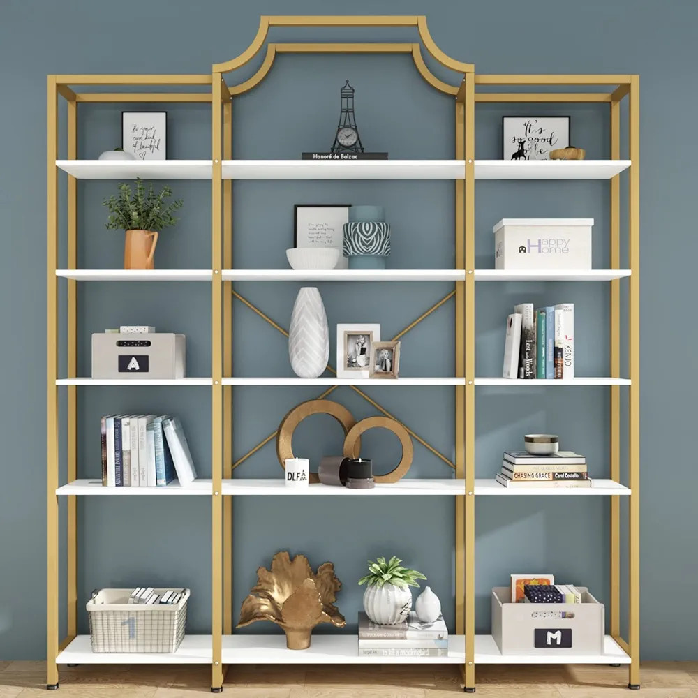 Triple Wide 5-Tier Bookshelf, 70.87" L x 79.13" H Extra Large Gold Bookcase, Tall Display Shelf w... | Amazon (US)