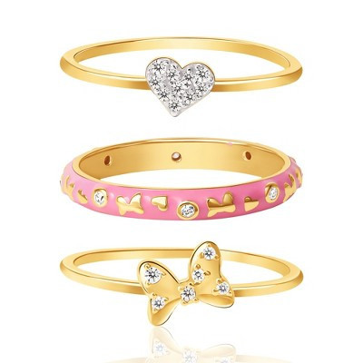 Disney Minnie Mouse Womens 18K Gold Plated Sterling CZ Silver Ring Trio, Minnie, Bow, Heart - Size 7 | Target