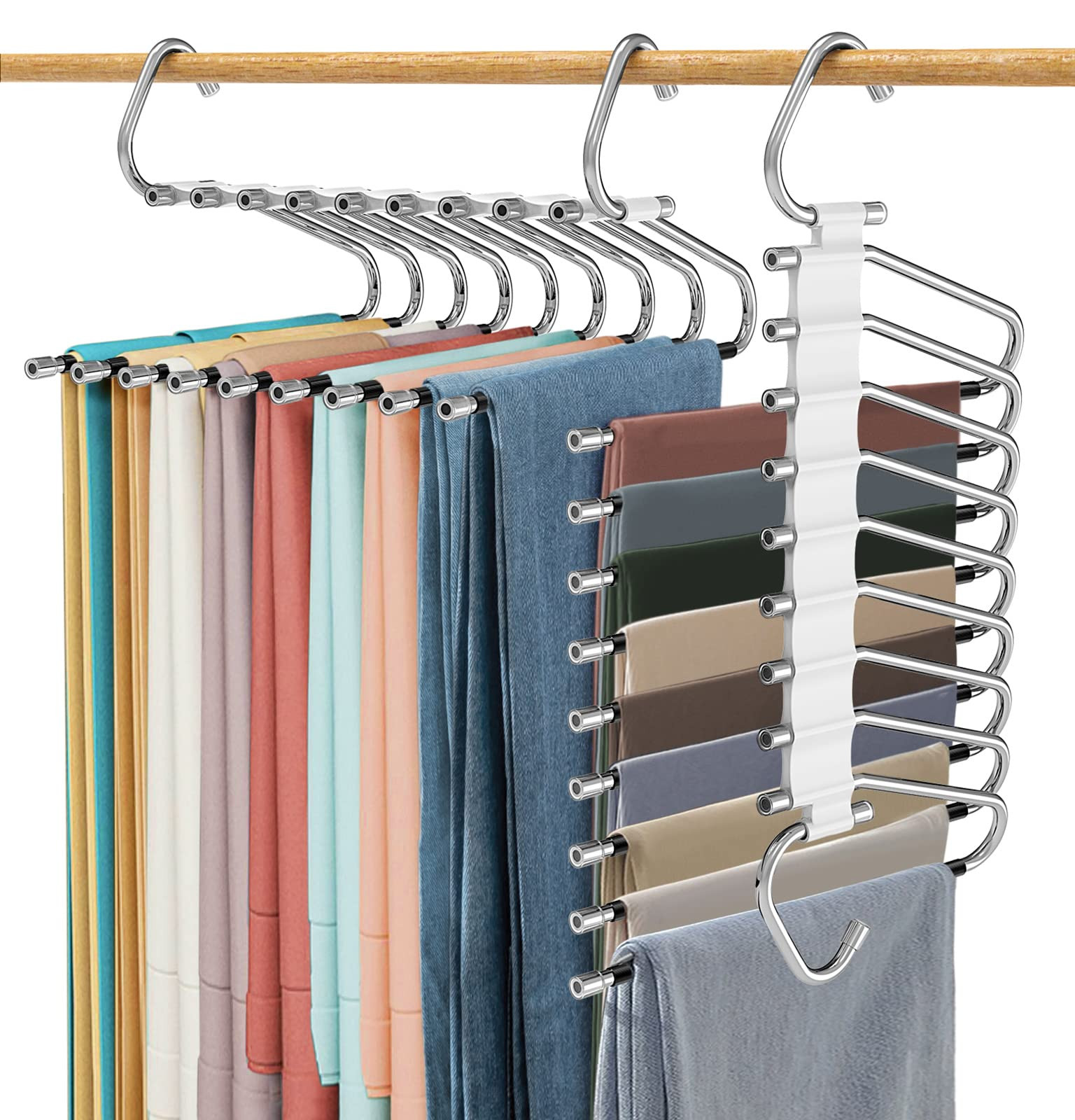 Upgrade 9 Layers Pants Hangers Space Saving, 2 Pack Multifunctional Pants Rack Non Slip Stainless... | Amazon (US)