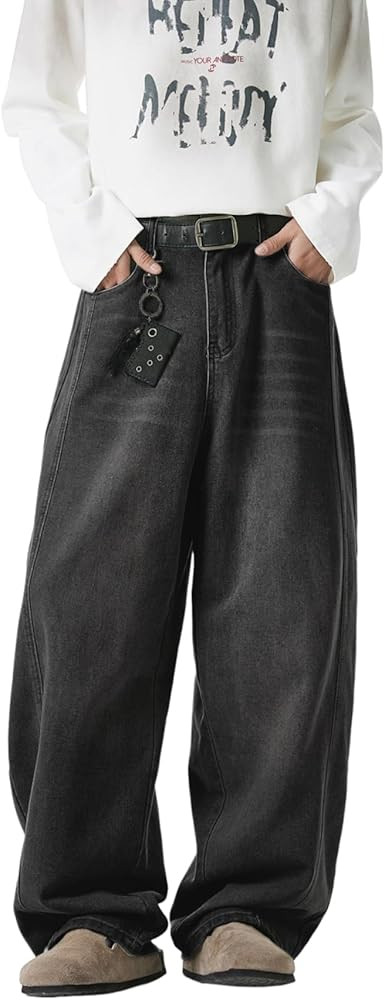 Baggy Hip Hop Jeans for Men Wide Leg Skater Denim Pants Casual Loose Fit Long Trousers | Amazon (US)