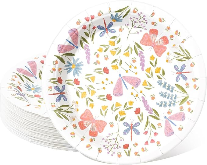 Cheerland 7inch Butterfly Paper Plates Wildflower Tea Party Plates Easter Flower Birthday Plate G... | Amazon (US)