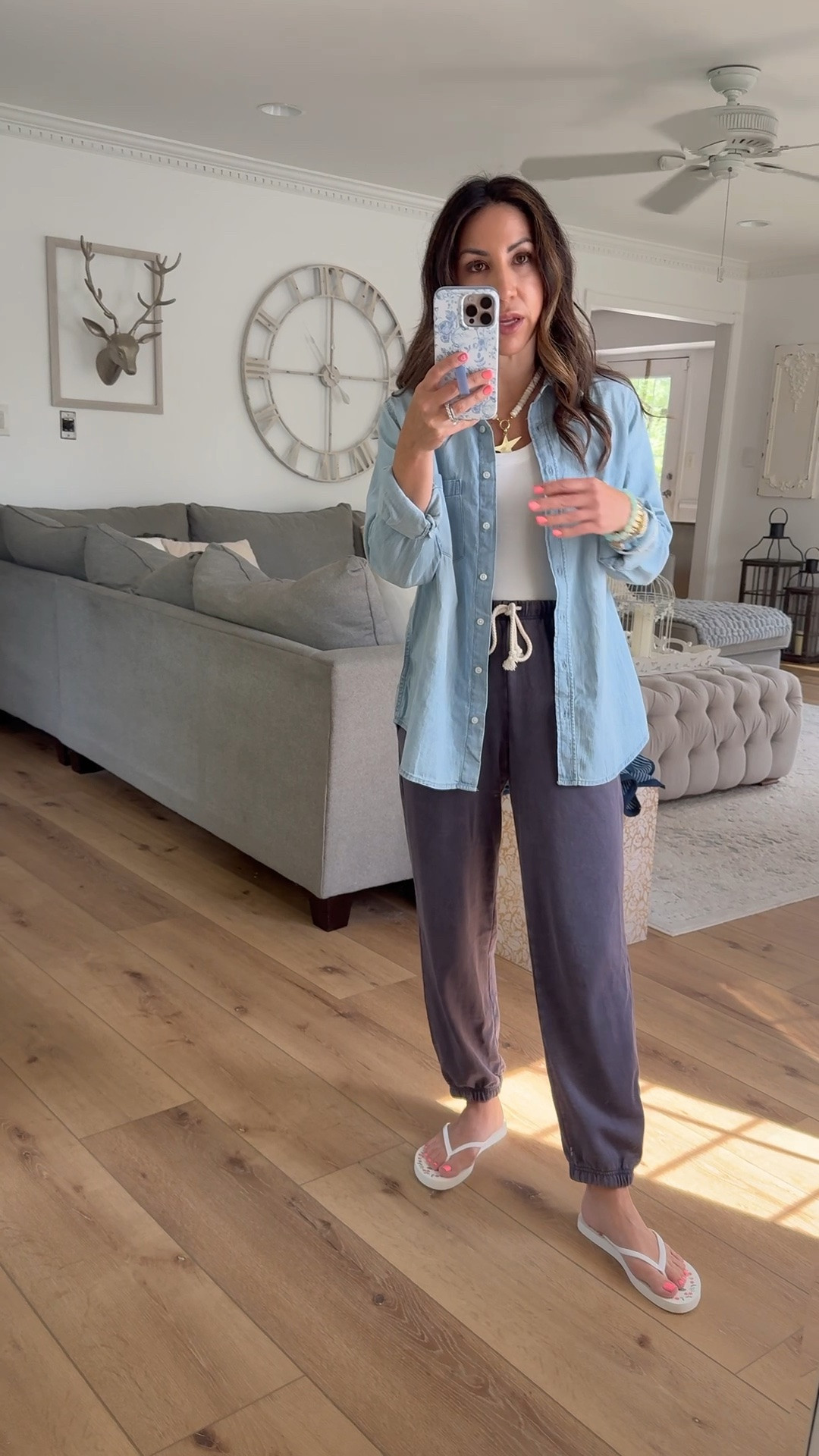Small denim shirt. Xs petite joggers. jewelry code JUNEVIP

#LTKSaleAlert #LTKOver40 #LTKPetite