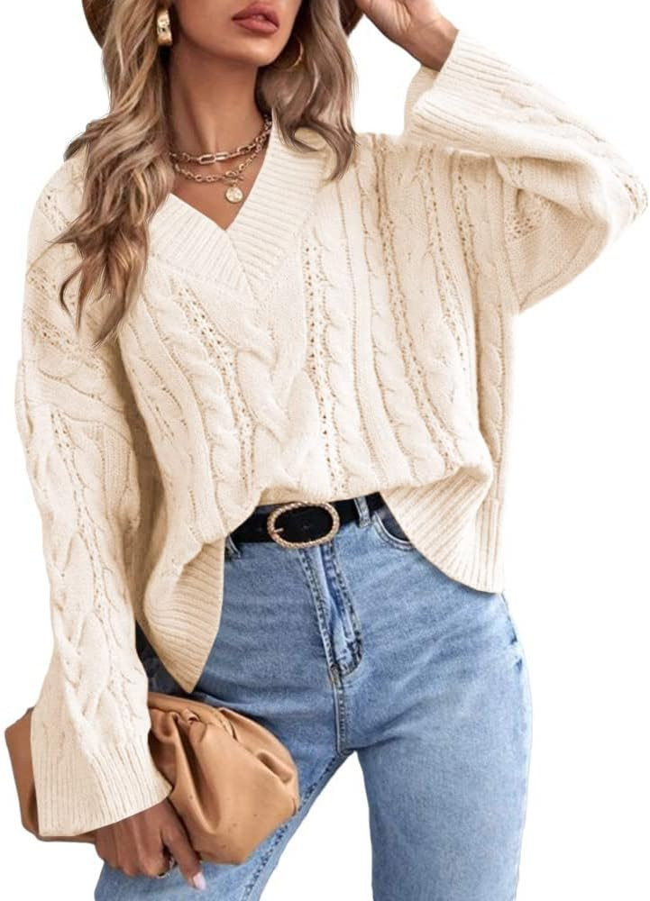 Veatzaer Womens Cable Knit Sweaters V Neck Pullover Tops Long Sleeve Casual Sweater Blouse Oversize  | Amazon (US)