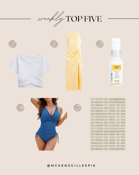 Weekly best sellers // this workout top is the best! Yellow slip dress, my favorite glowy serum, the best blue swimsuit for pool days, and classic washable rug.

#LTKfindsunder100 #LTKbeauty #LTKstyletip