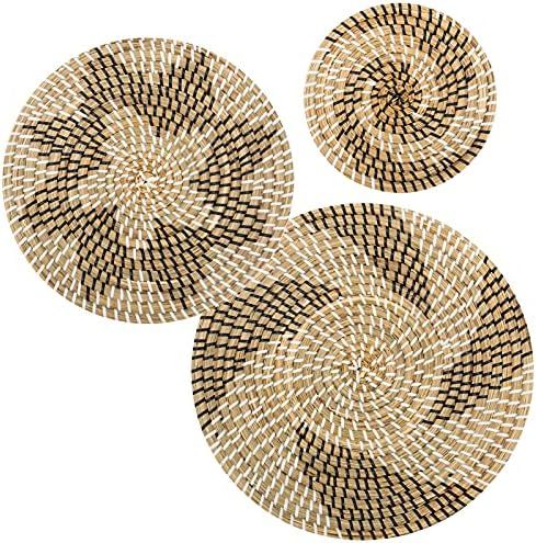 Set of 3 Rattan Handmade Hanging Wall Basket Decor - Decorative Boho Round Wicker Woven Flat Baskets | Amazon (US)