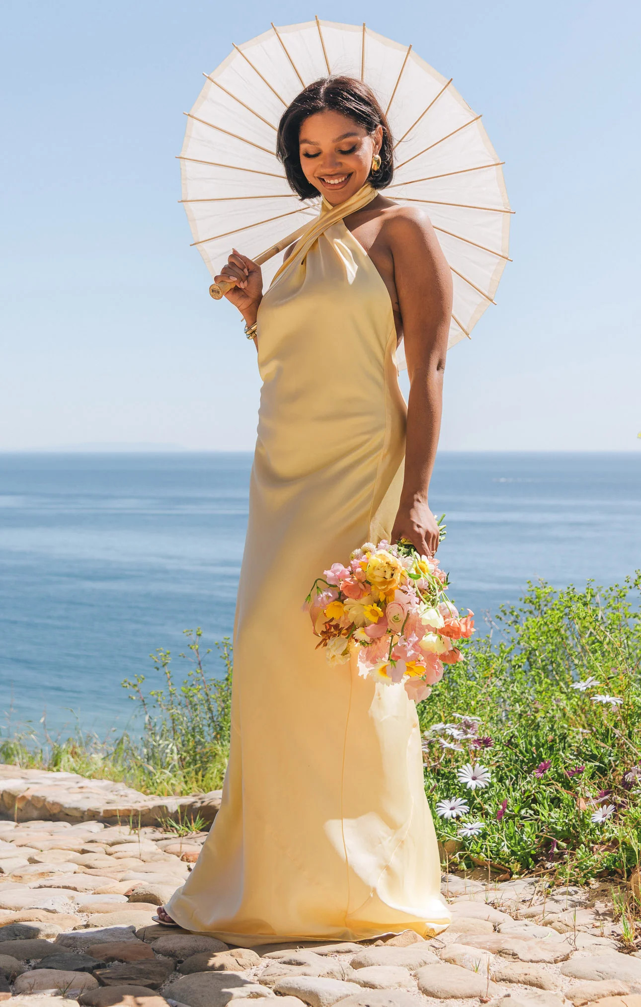 Jasmine Halter Maxi Dress ~ Pale Yellow Luxe Satin | Show Me Your Mumu