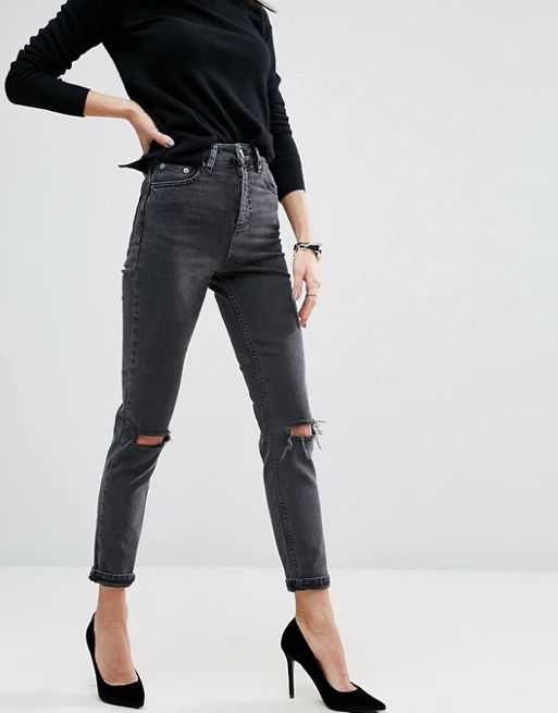 ASOS FARLEIGH High Waist Slim Mom Jeans In Washed Black With Busted Knees | ASOS US