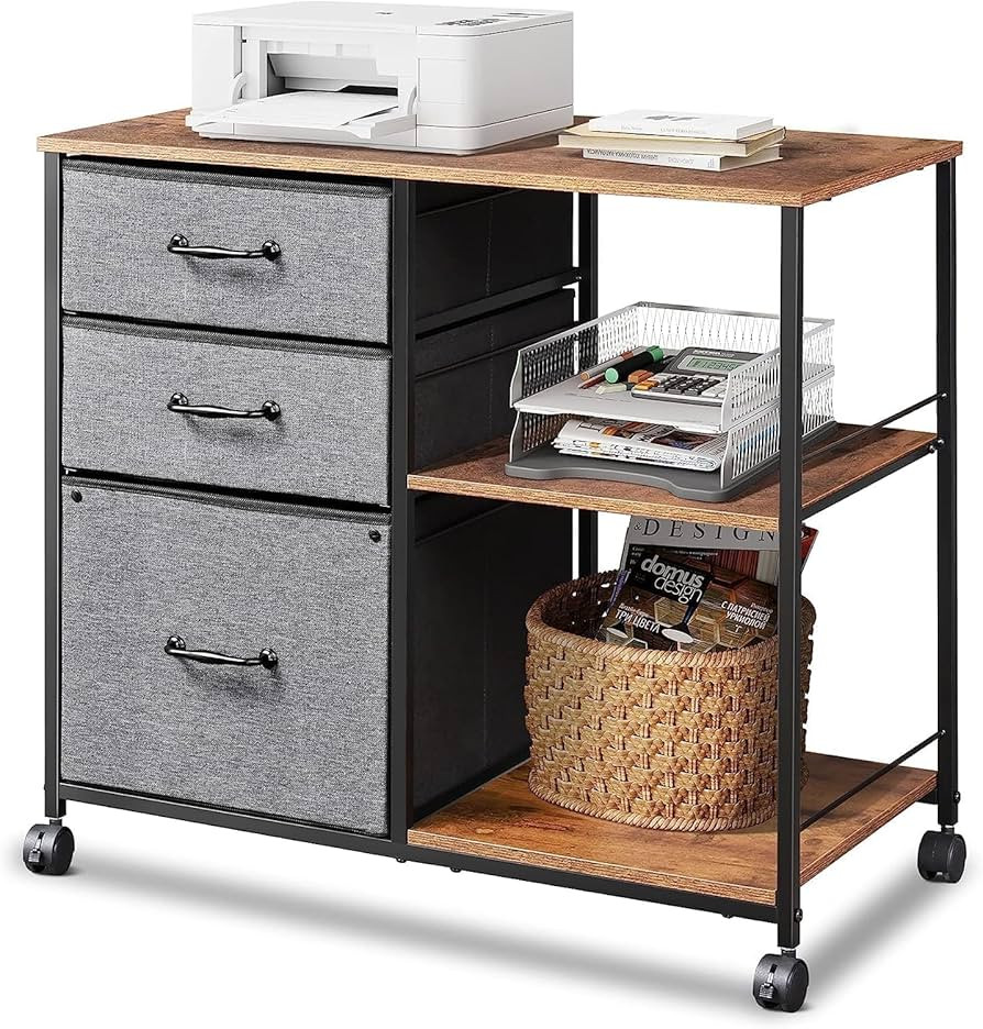 DEVAISE 3 Drawer Mobile File Cabinet, Rolling Printer Stand with Open Storage Shelf, Fabric Later... | Amazon (US)