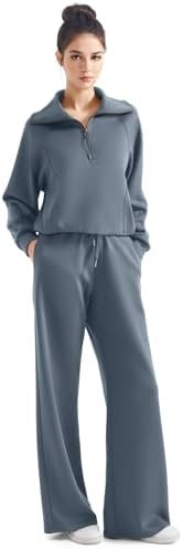 SUUKSESS Women 2 Piece Lounge Matching Set Wide Leg Sweatpant Half Zip Sweatshirt | Amazon (US)