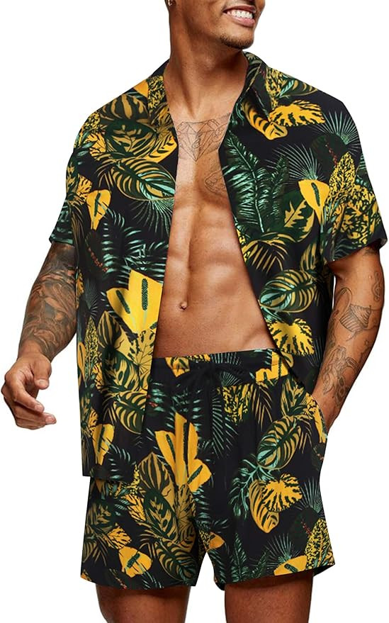 COOFANDY Men's Hawaiian Matching Set Summer Beach 2 Piece Outfits Flower Shirts and Shorts | Amazon (US)