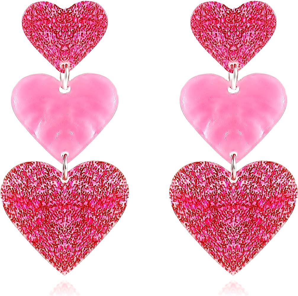 Heart Earrings for Women Hot Pink Heart Dangle Earrings Lightweight Acrylic Heart Drop Earrings S... | Amazon (US)