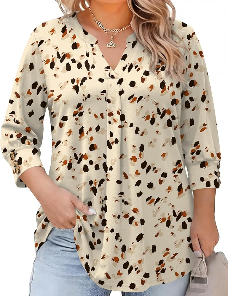 TFSDOD Womens Plus Size Tops 3/4 Length Sleeve Womens Tops V Neck Blouses Pleated Tunic Plus Size... | Amazon (US)