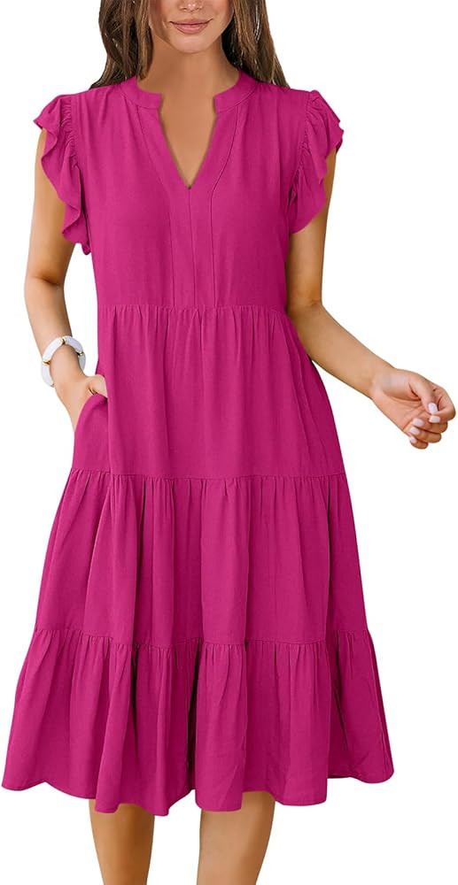 ANRABESS Womens Summer Dress Ruffle Sleeve V Neck Midi Dresses Fashion Casual Fit Flowy Tiered Bo... | Amazon (US)