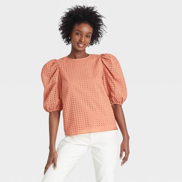 Women's Short Puff Sleeve Eyelet Top - A New Day™ | Target