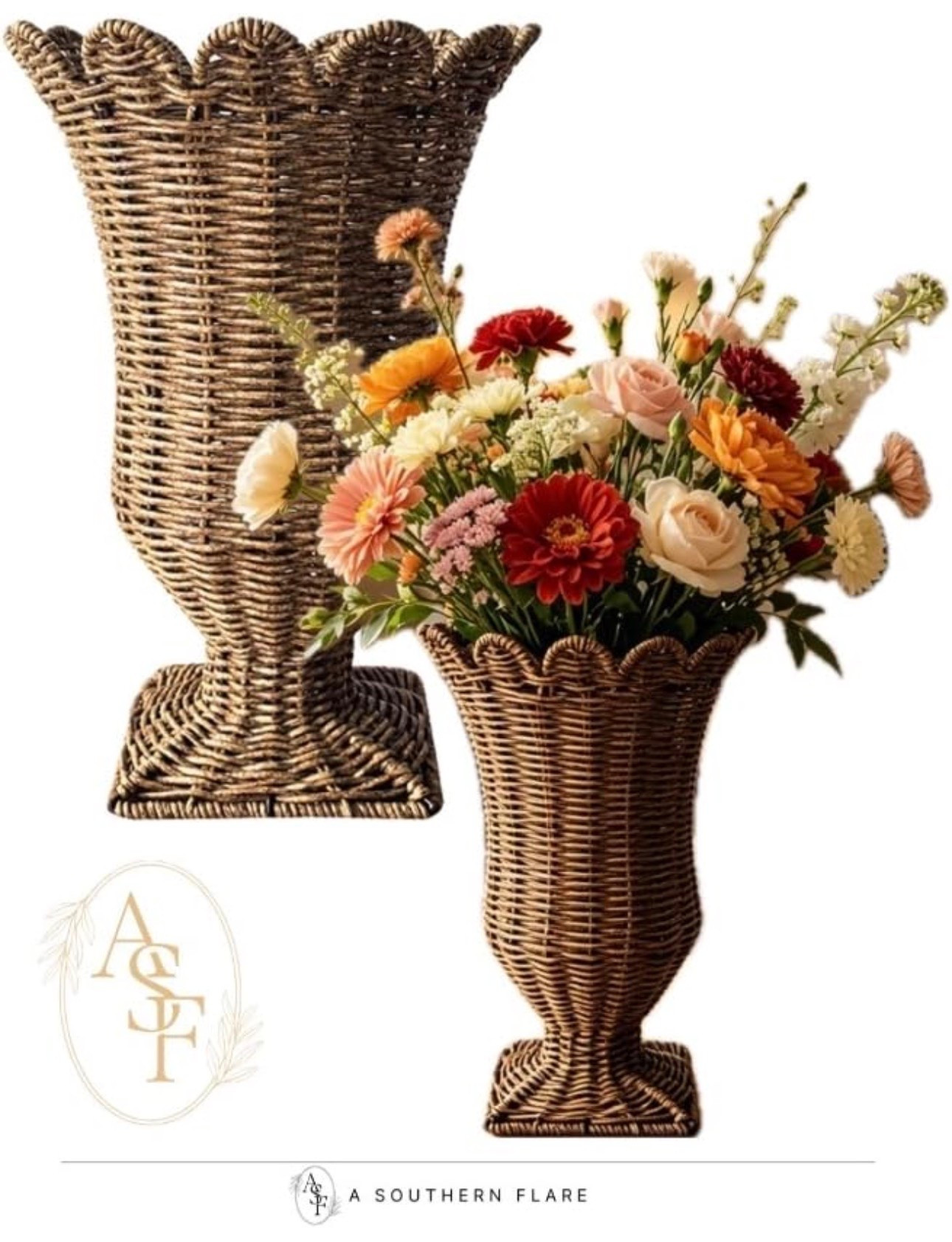 Just added these beautiful wicker vases to my home decor! Perfect for some fresh blooms. #HomeDecor #Vases