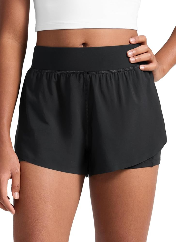 CRZ YOGA Girls 2 in 1 Dolphin High Waisted Running Shorts Casual Stretchy Cycling Bike Summer Sho... | Amazon (UK)