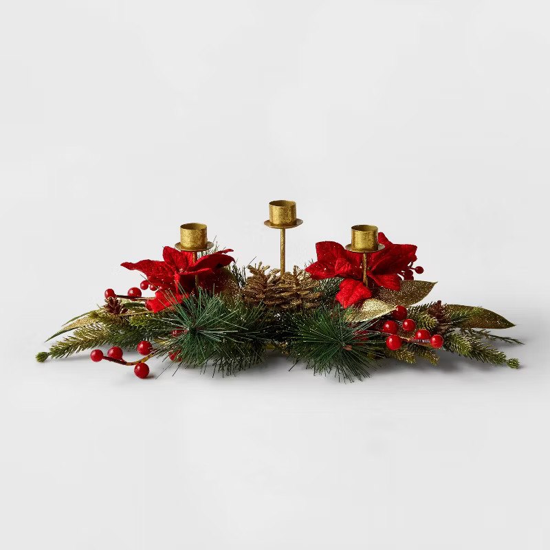 4"x16" 3 Taper Candle Holder with Faux Poinsettias and Greenery - Wondershop™ | Target