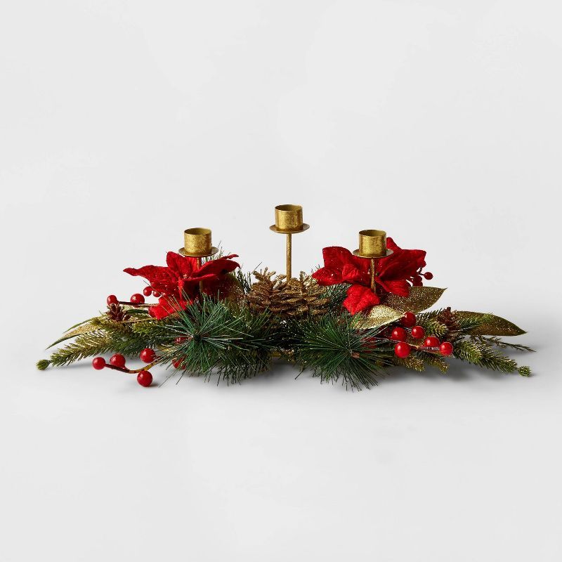 4&#34;x16&#34; 3 Taper Candle Holder with Faux Poinsettias and Greenery - Wondershop&#8482; | Target