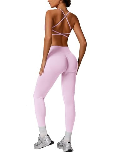 ABOCIW Workout Sets for Women 2 Piece Seamless Backless Sports Bra Scrunch Butt Lifting High Waist Leggings Gym Set Pink Small | Amazon (US)