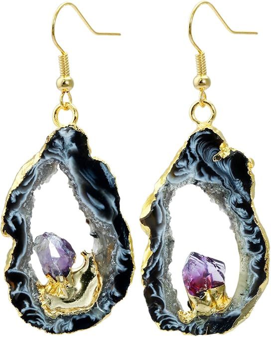 SUNYIK Natural Gemstone Quartz Geode Drusy Crystal Dangle Earrings for Women | Amazon (US)