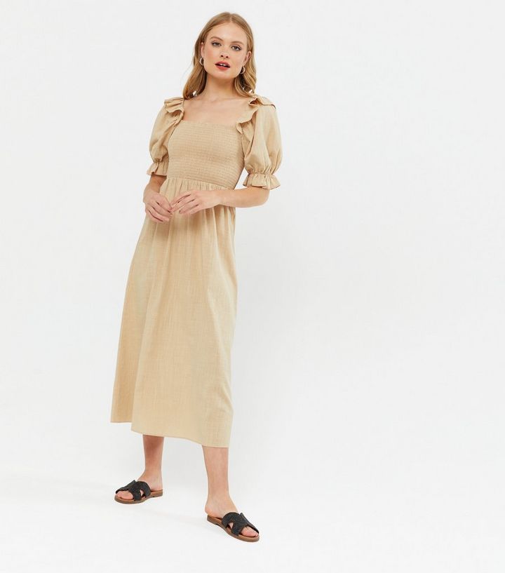 Stone Textured Shirred Frill Puff Sleeve Midi Dress
						
						Add to Saved Items
						Remove ... | New Look (UK)