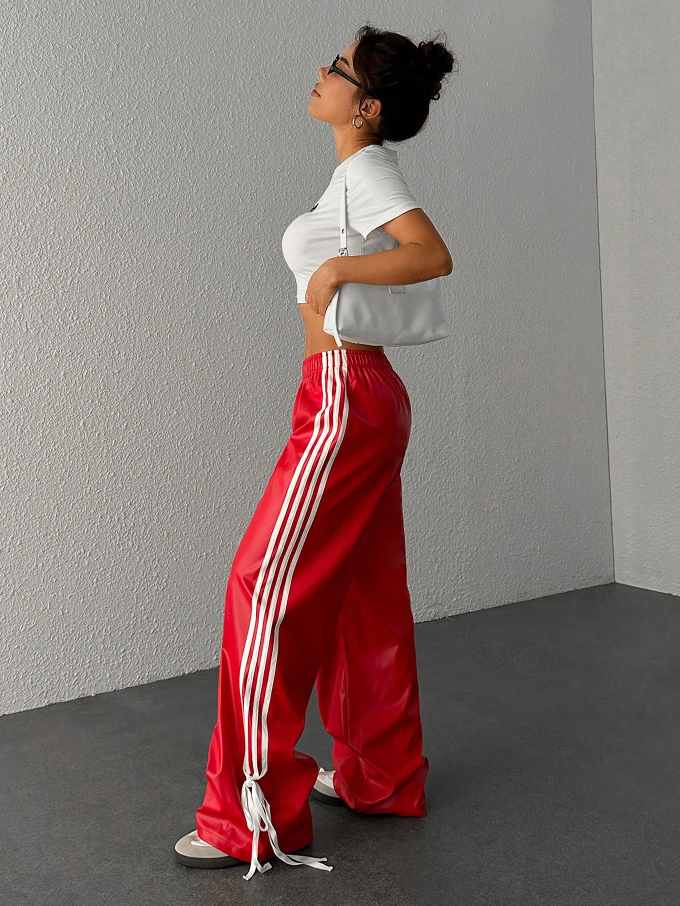 SHEIN EZwear Women's Side Stripe PU Leather Elastic Waist Wide Leg Pants | SHEIN