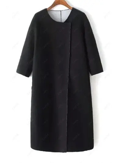Round Neck 3 4 Sleeve Covered Button Black Coat | ZAFUL (Global)