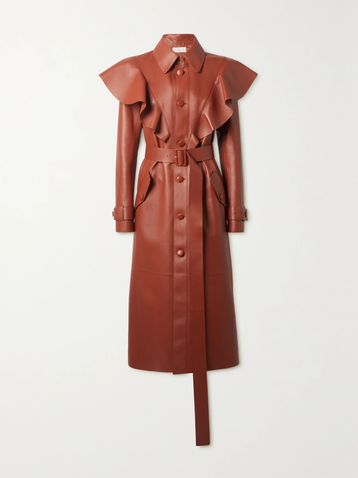 Chloé - Belted Ruffled Leather Trench Coat - Brown | NET-A-PORTER (US)