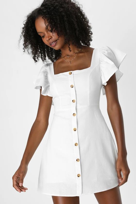 Adorable Angel White Button-Front Short Sleeve Linen Mini Dress | Lulus (US)