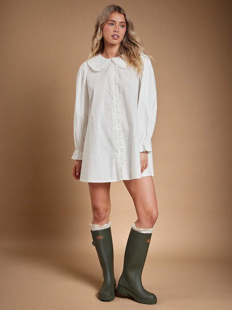 WESTFADE 100% Cotton Ruffle Collar Long Flare Sleeve Button Up Mini A Line Dress Casual Cute Fall... | SHEIN