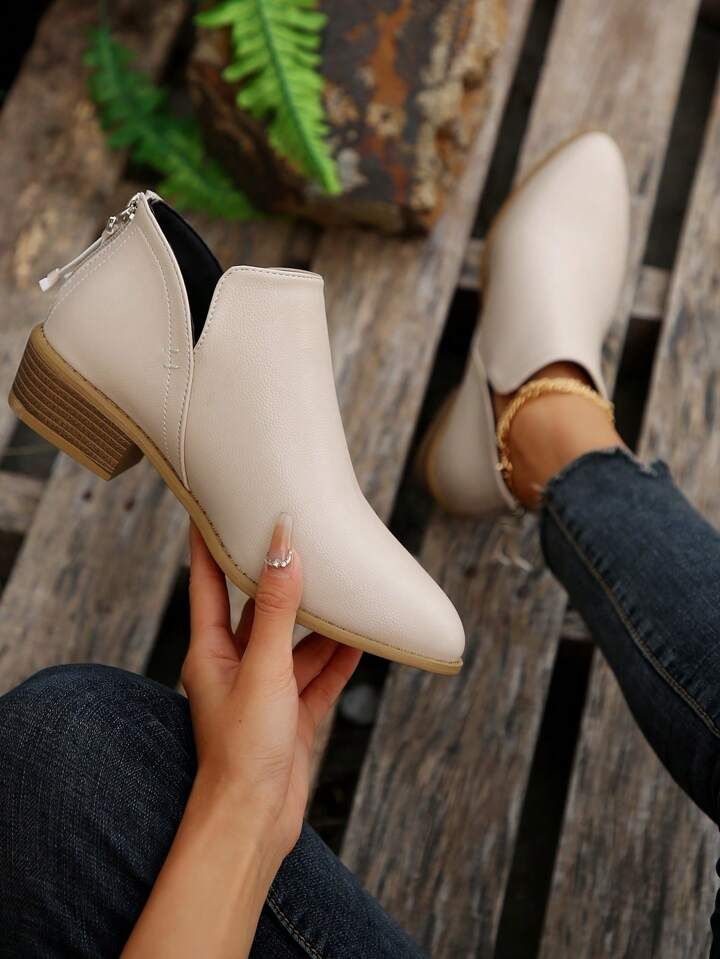 Ladies' Solid Color Chunky Heel Boots With Simple Design | SHEIN