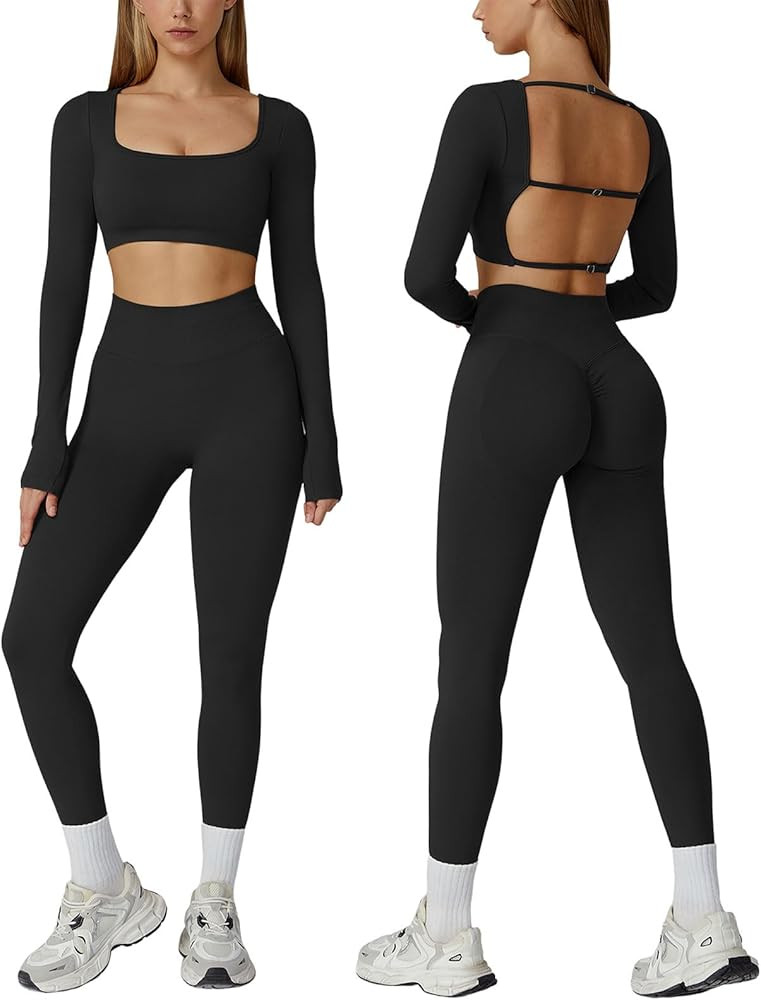ABOCIW Workout Sets for Women 2 Piece Seamless Backless Long Sleeve Crop Top High Waisted Leggings Gym Sets | Amazon (US)