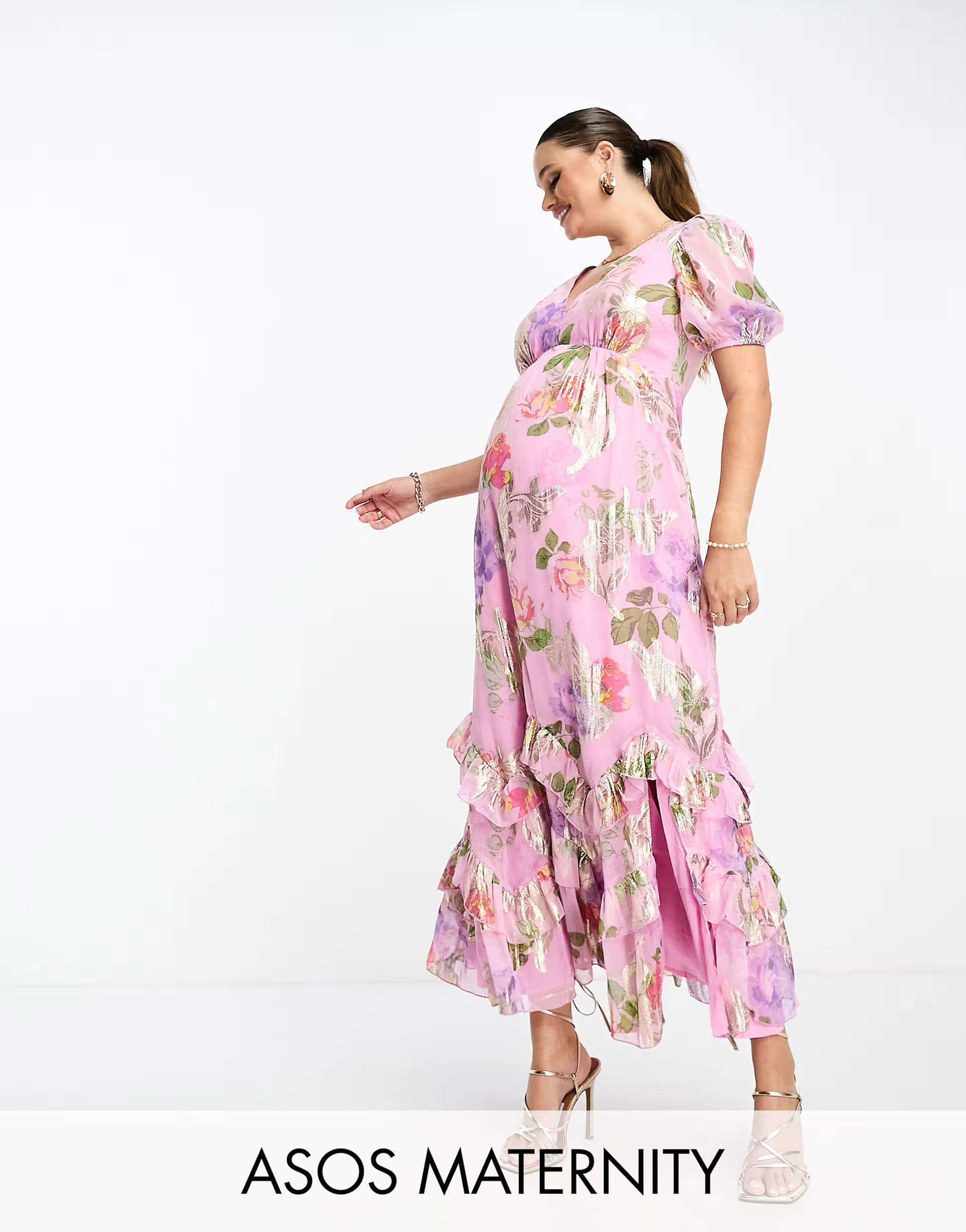 ASOS DESIGN Maternity ruffle frill hem maxi dress in pink lurex rose print | ASOS (Global)