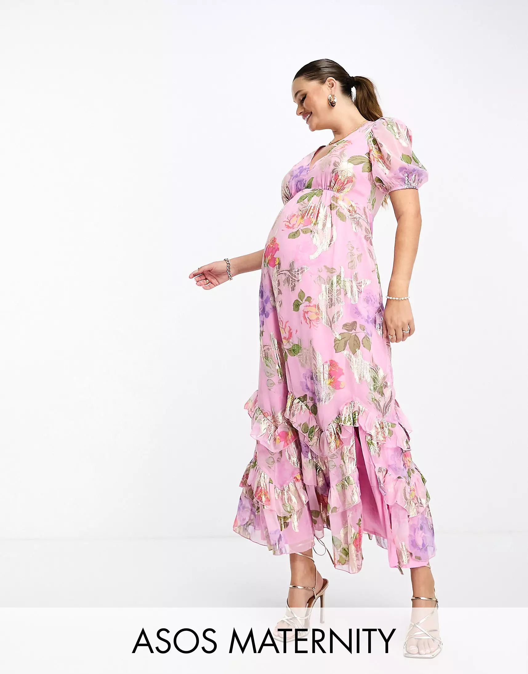 ASOS DESIGN Maternity ruffle frill hem maxi dress in pink lurex rose print | ASOS (Global)
