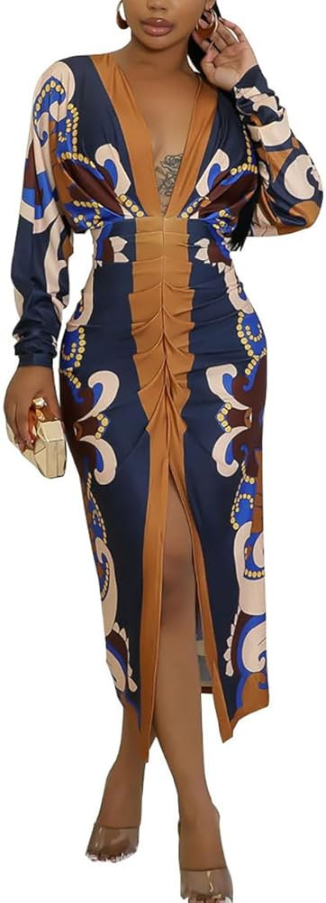 WOKANSE Long Sleeve Elegant Dress for Women Sexy Deep V Neck Ruched Printed Front Split Maxi Fall... | Amazon (US)
