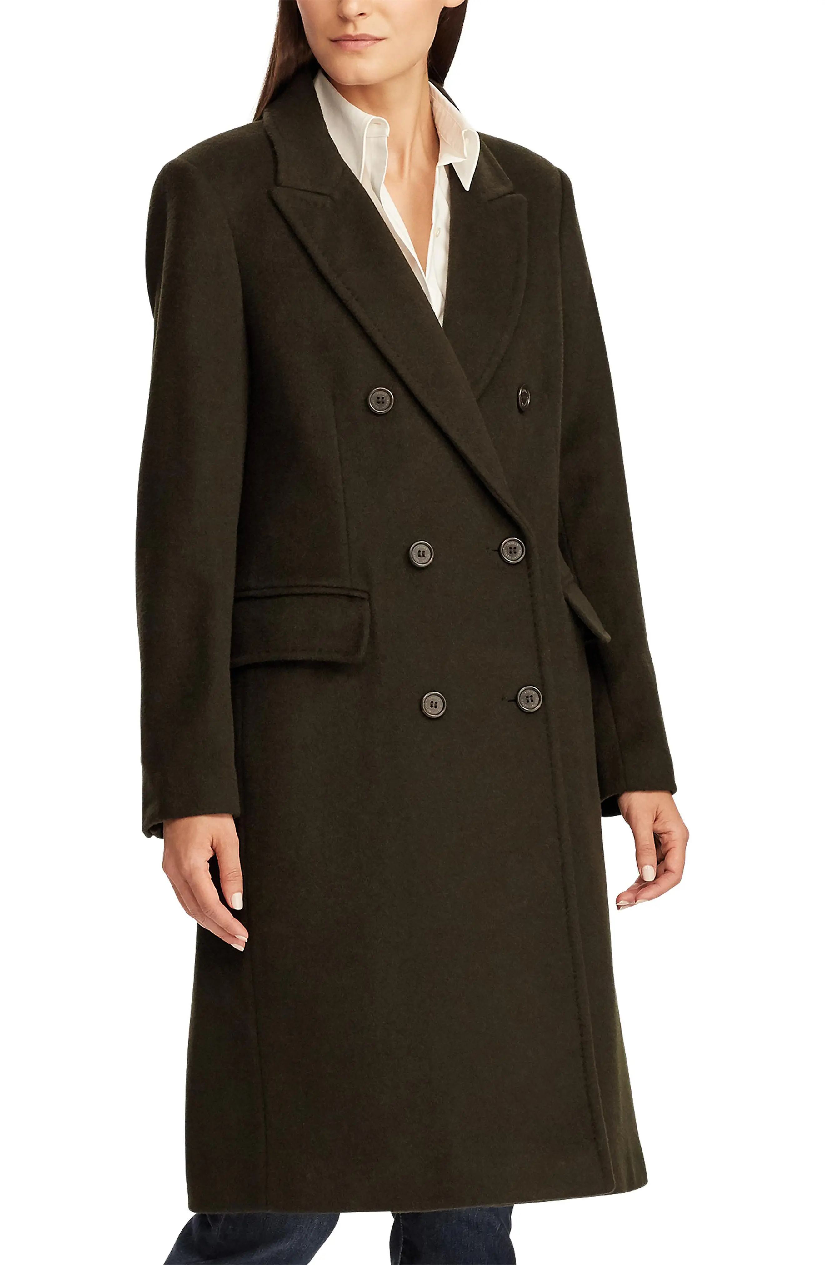 Women's Lauren Ralph Lauren Double Breasted Wool Blend Coat, Size 12 - Green | Nordstrom