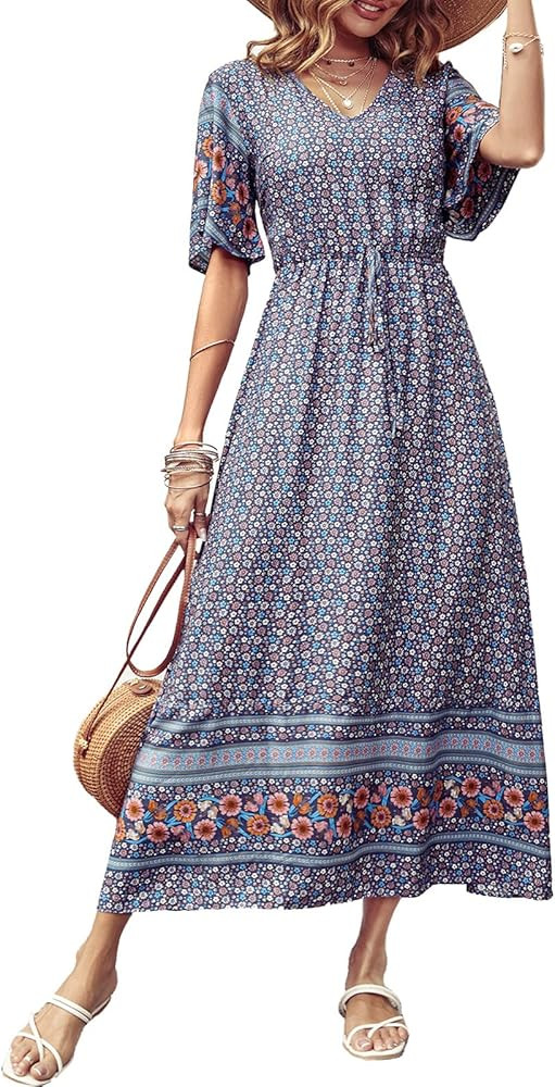 PRETTYGARDEN Women's Casual Summer Boho Floral Print Dress V Neck Short Sleeve High Waist Long Ma... | Amazon (US)